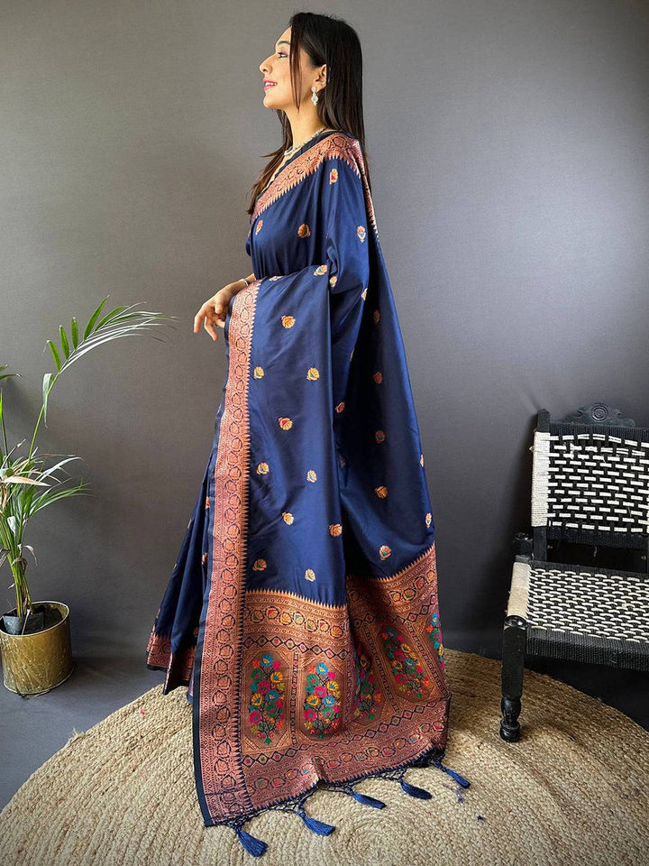 Navy Blue Soft Silk Saree with Copper Zari Border & Multi Color Floral Weaving