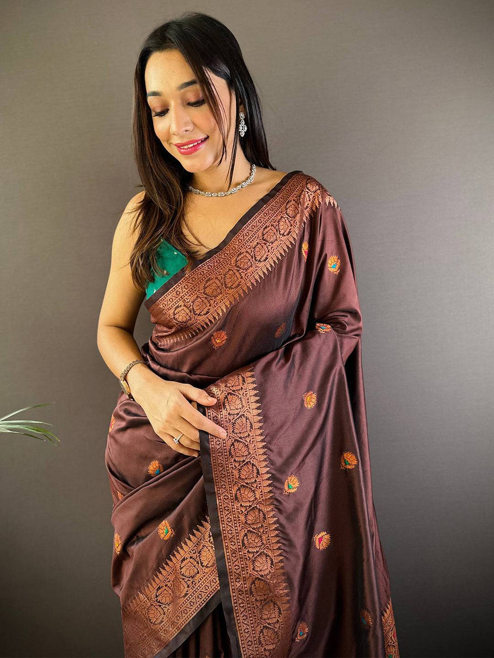 Chocolate Brown Banarasi Soft Silk Saree with Zari Weaving & Butta Work