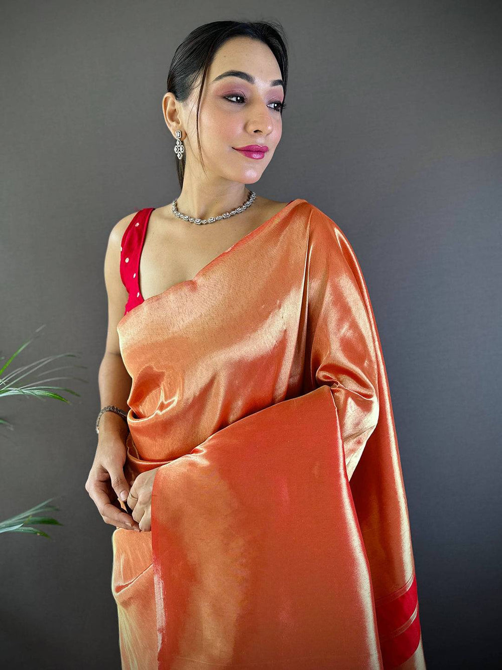 Peach & Red Kanjivaram Soft Silk Saree with Contrast Border and Rich Shine