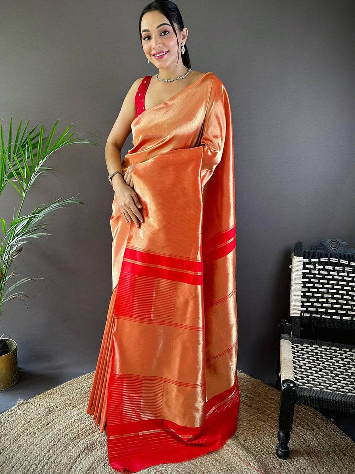 Peach & Red Kanjivaram Soft Silk Saree with Contrast Border and Rich Shine