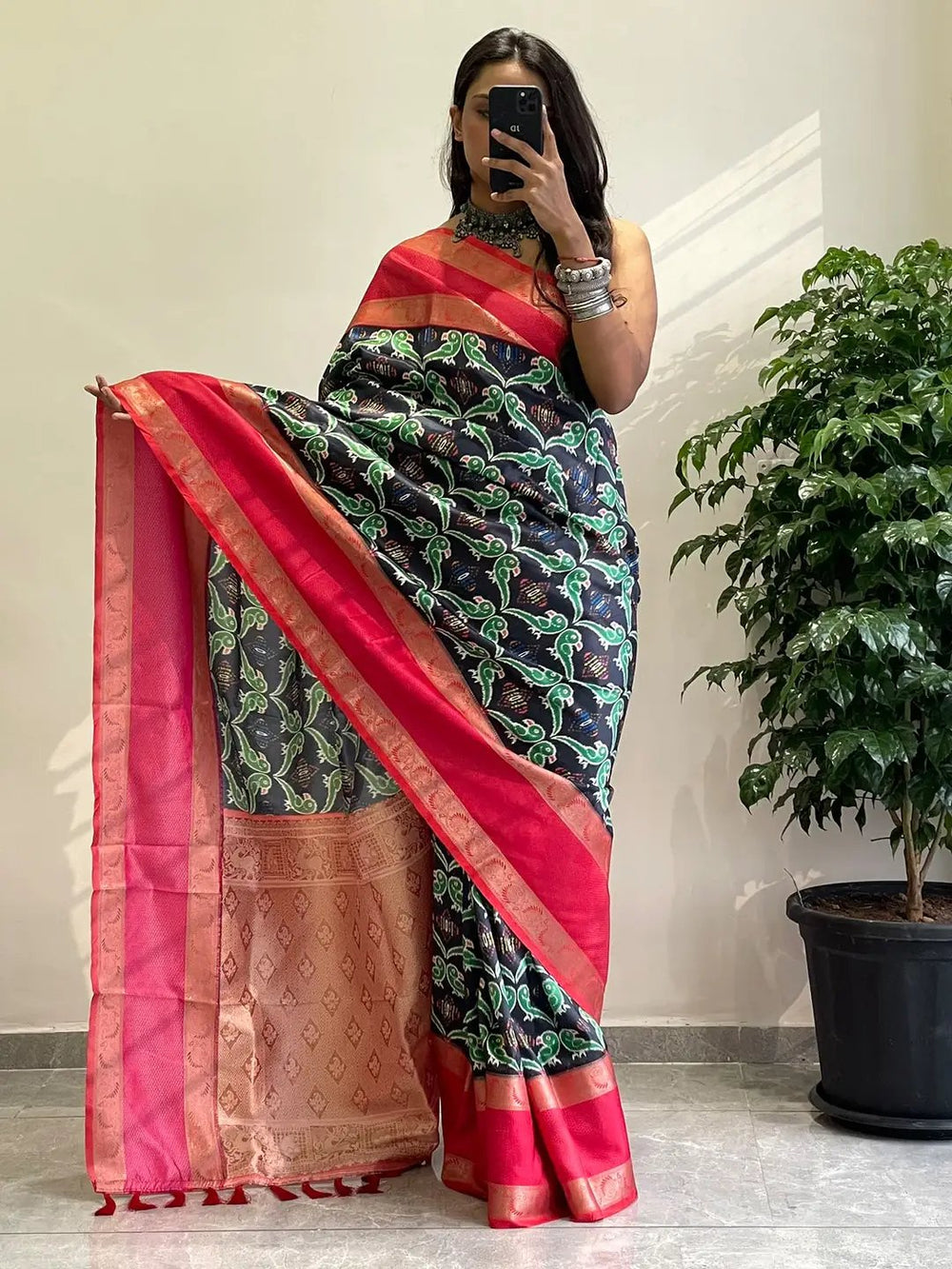 Navy Blue Patola Print Silk Saree with Pink Zari Border & Elegant Woven Pallu
