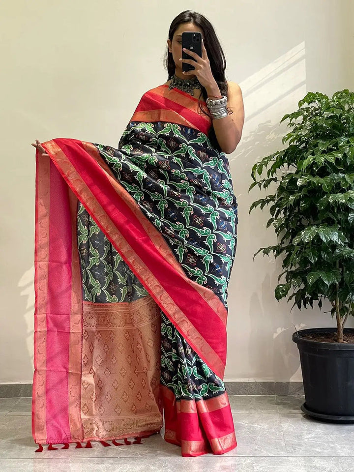 Navy Blue Patola Print Silk Saree with Pink Zari Border & Elegant Woven Pallu