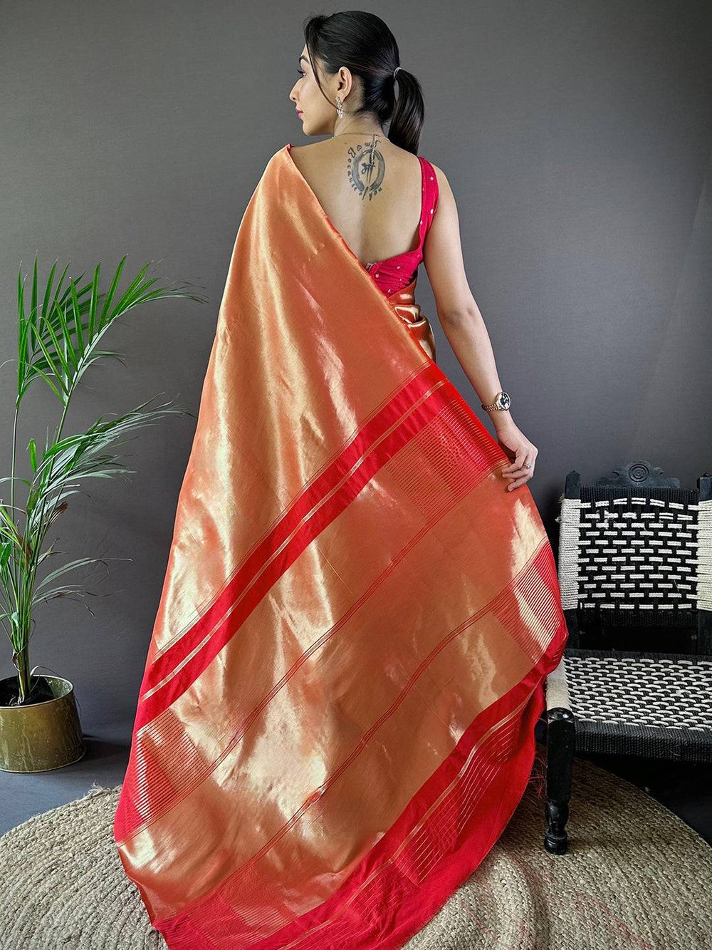 Peach & Red Kanjivaram Soft Silk Saree with Contrast Border and Rich Shine