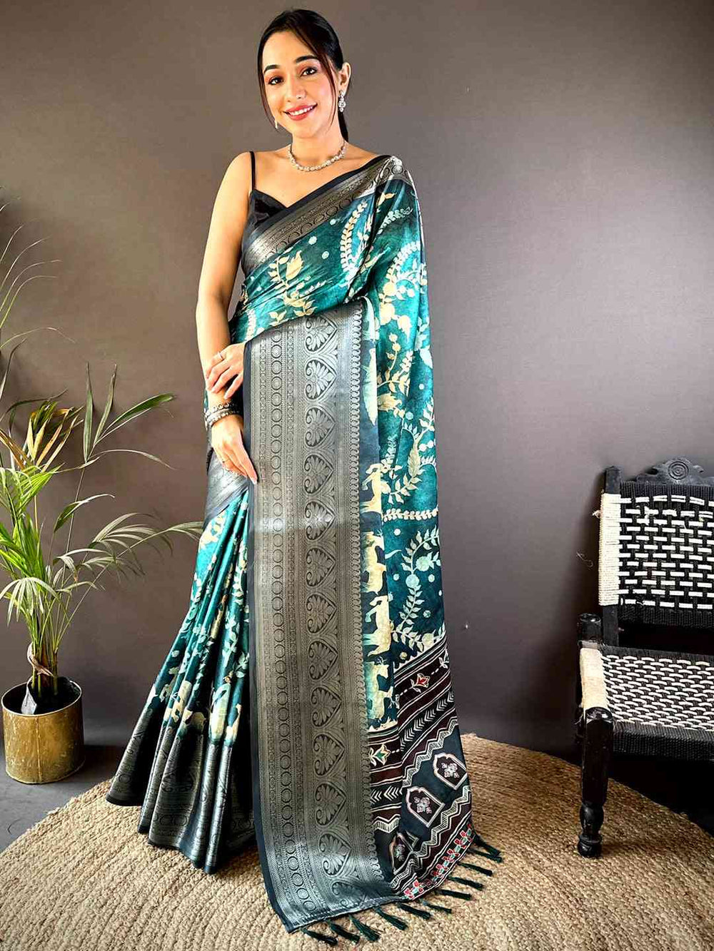 Teal Green Soft Silk Saree with Golden Folklore Print & Traditional Multicolor Border