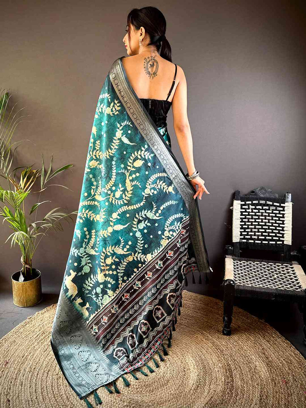 Teal Green Soft Silk Saree with Golden Folklore Print & Traditional Multicolor Border