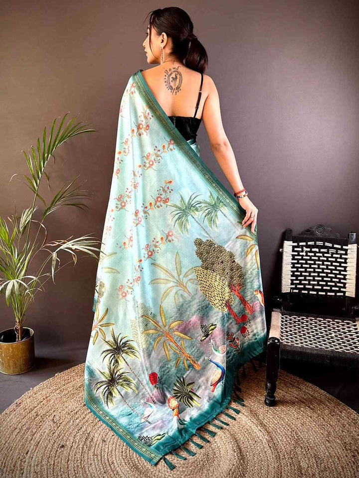 Aqua Green Soft Silk Saree with Nature Landscape Print & Tassel Pallu