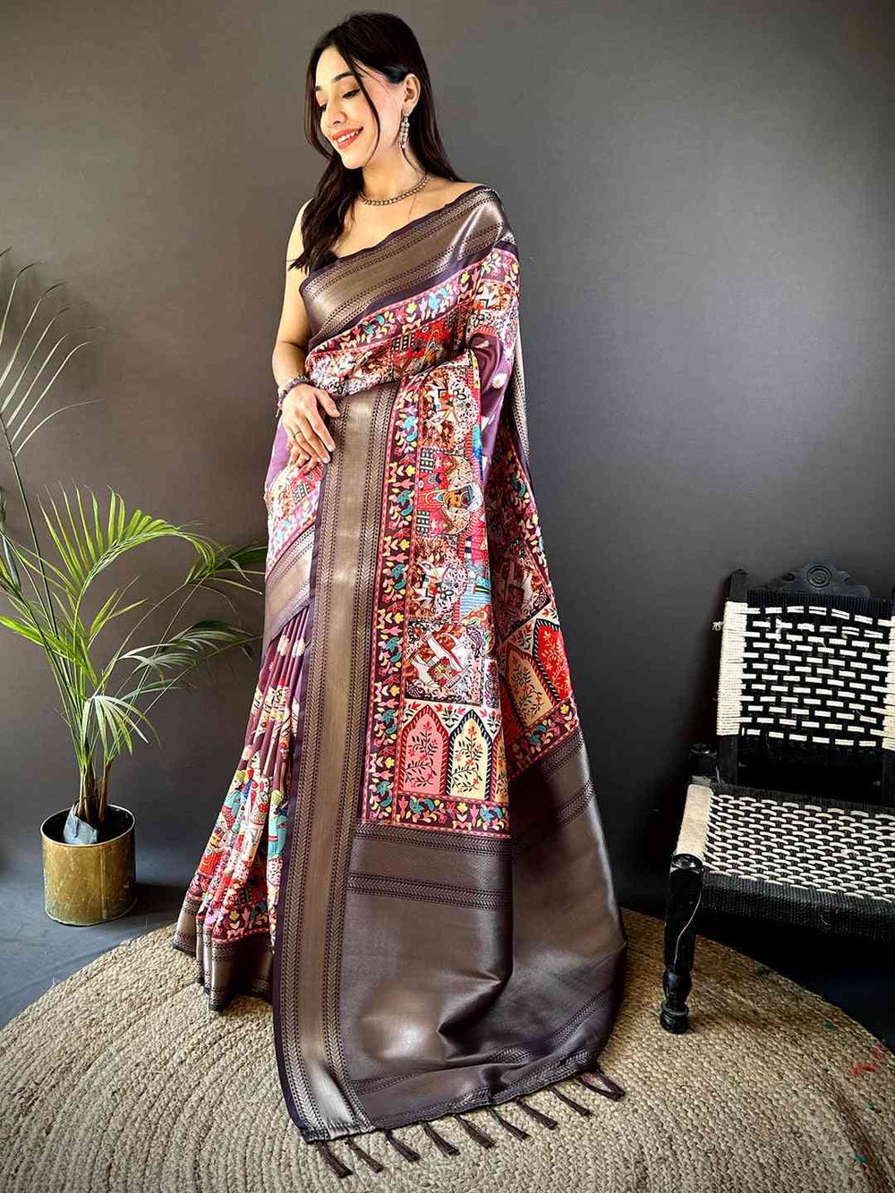 Brown Soft Silk Saree with Multicolor Traditional Patola Print & Zari Border