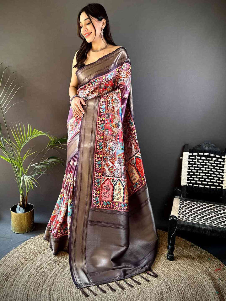 Brown Soft Silk Saree with Multicolor Traditional Patola Print & Zari Border