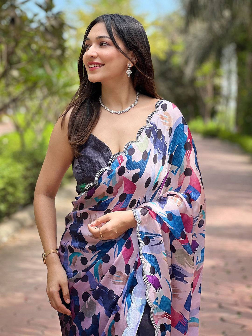 Multicolor Printed Georgette Saree with Scallop Border & Navy Blue Contrast Skirt Style Drape