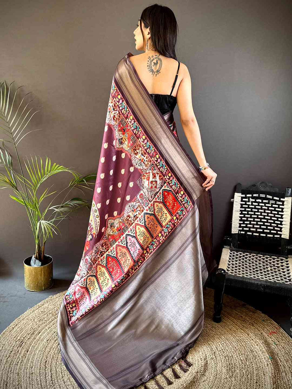 Brown Soft Silk Saree with Multicolor Traditional Patola Print & Zari Border