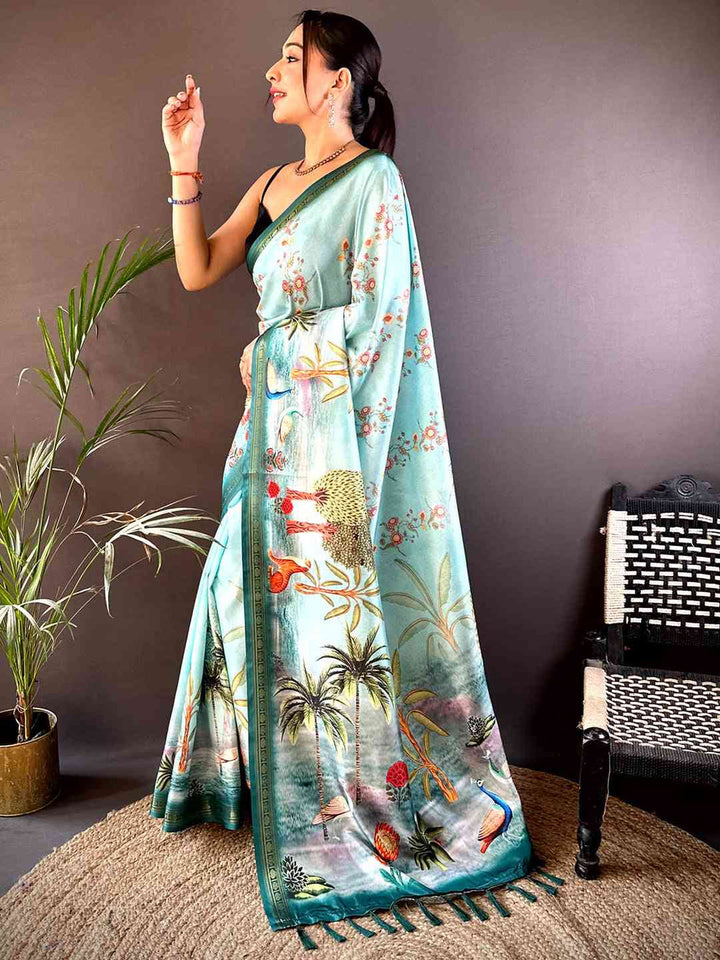 Aqua Green Soft Silk Saree with Nature Landscape Print & Tassel Pallu