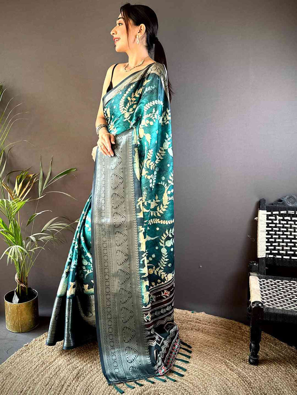 Teal Green Soft Silk Saree with Golden Folklore Print & Traditional Multicolor Border