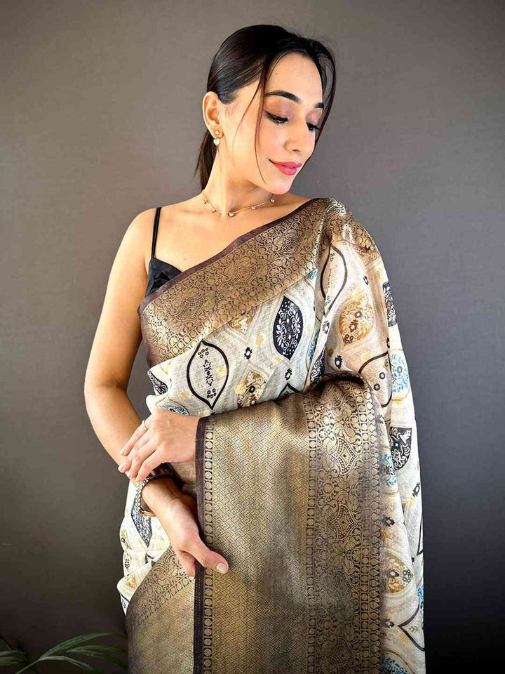 Cream & Gold Soft Silk Saree with Woven Geometric Motifs and Antique Gold Zari Border