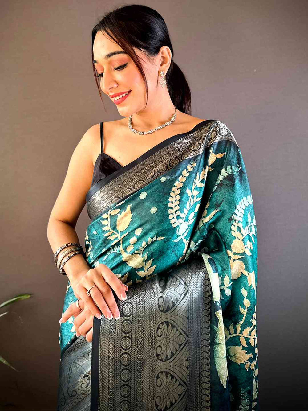 Teal Green Soft Silk Saree with Golden Folklore Print & Traditional Multicolor Border