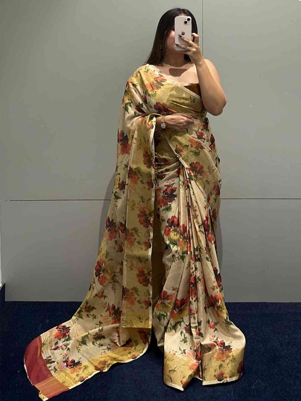 Beige Floral Printed Soft Silk Saree with Watercolor Bloom Design & Contrast Border