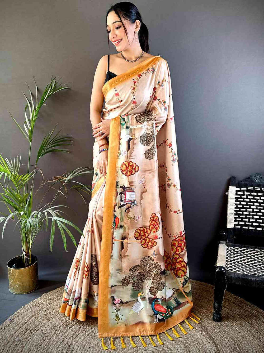 Peach Soft Silk Saree with Artistic Bird & Nature Print and Mustard Zari Border