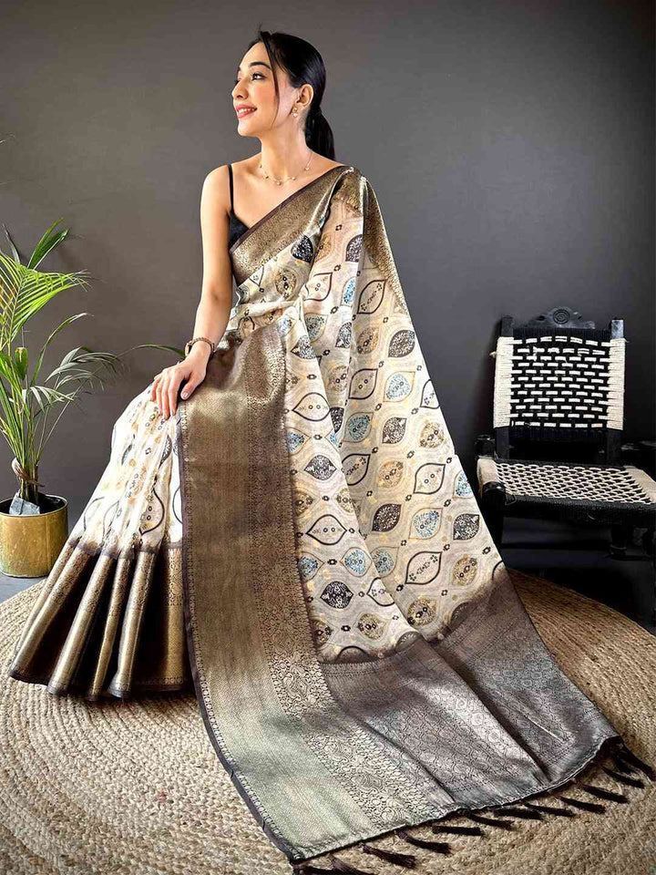 Cream & Gold Soft Silk Saree with Woven Geometric Motifs and Antique Gold Zari Border