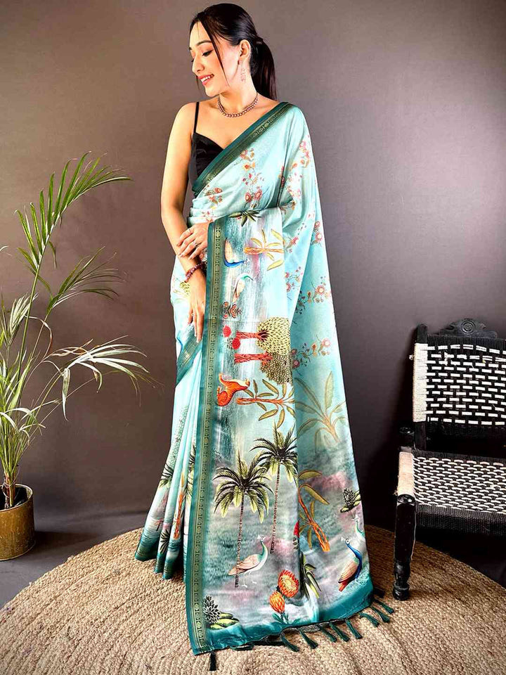 Aqua Green Soft Silk Saree with Nature Landscape Print & Tassel Pallu