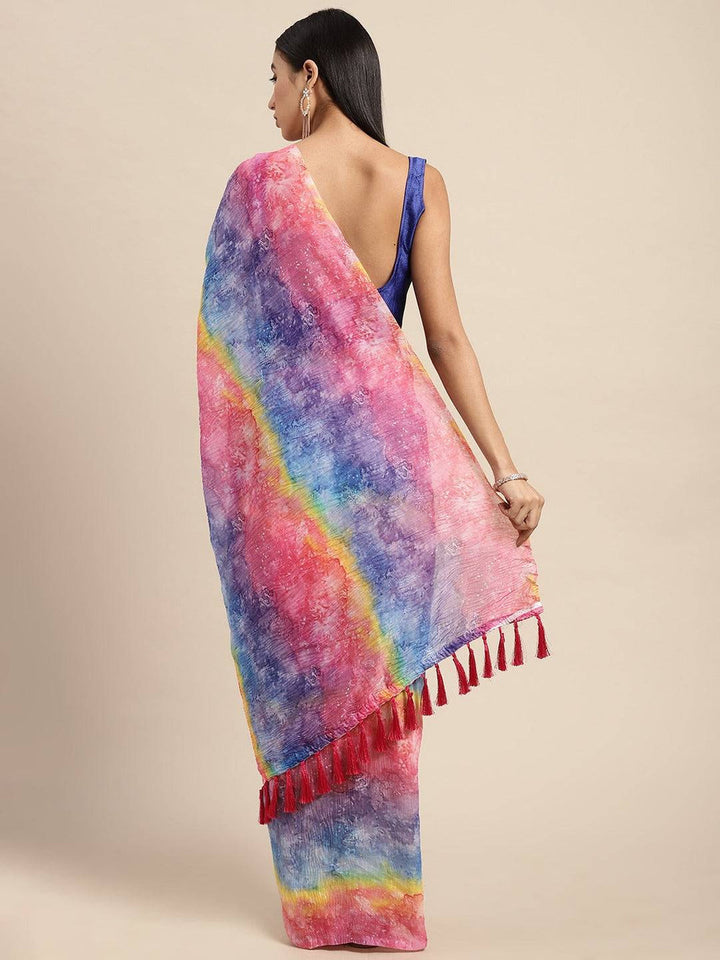 Multicolor Tie Dye Crepe Saree with Vibrant Rainbow Shades & Tassel Pallu