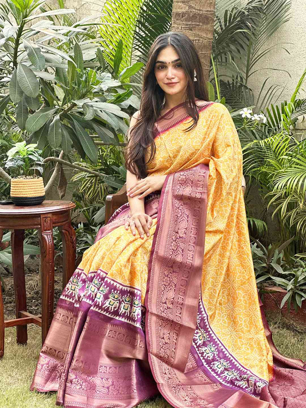Yellow Patola Print Silk Saree with Maroon Zari Border & Traditional Motif Pallu
