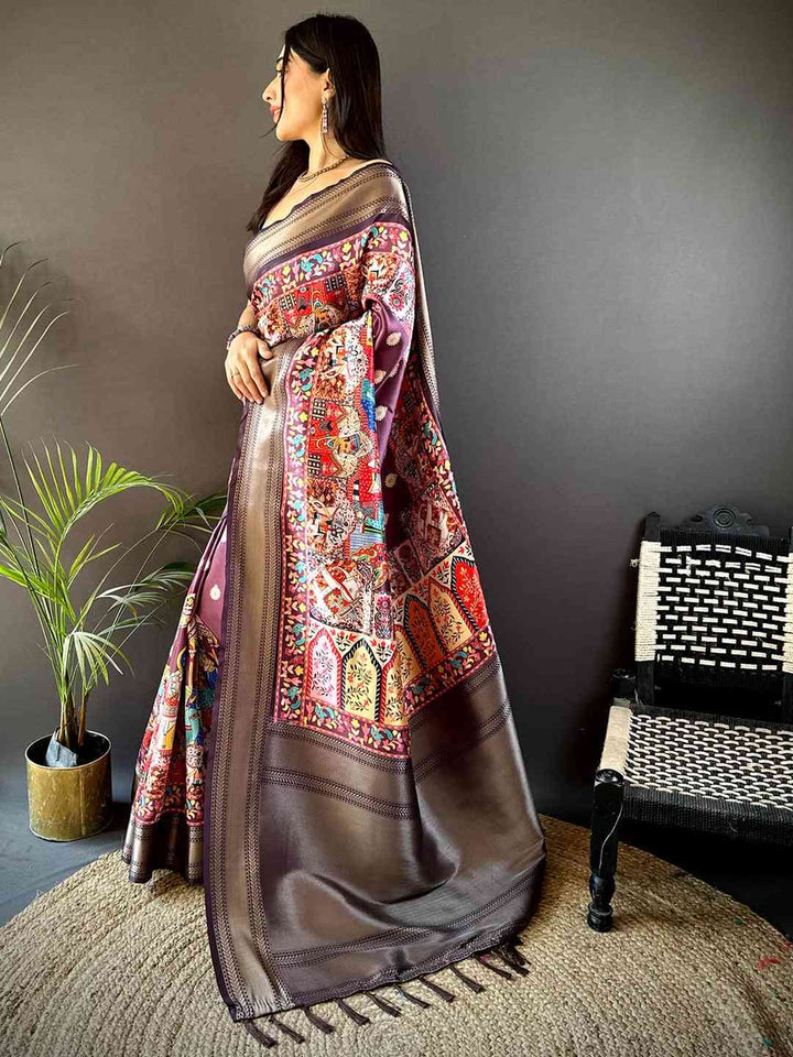 Brown Soft Silk Saree with Multicolor Traditional Patola Print & Zari Border