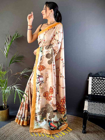 Peach Soft Silk Saree with Artistic Bird & Nature Print and Mustard Zari Border