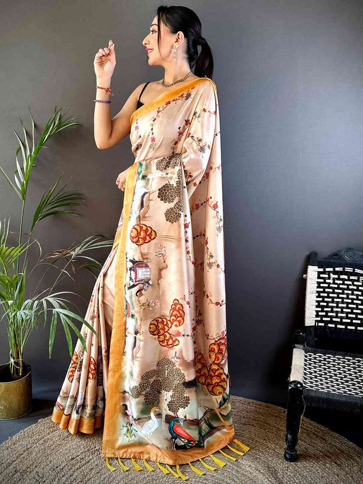 Peach Soft Silk Saree with Artistic Bird & Nature Print and Mustard Zari Border