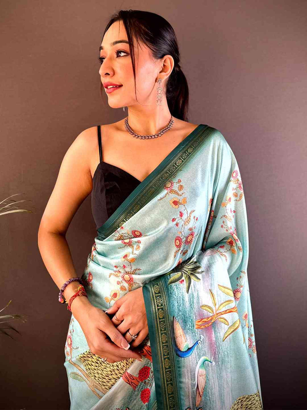 Aqua Green Soft Silk Saree with Nature Landscape Print & Tassel Pallu