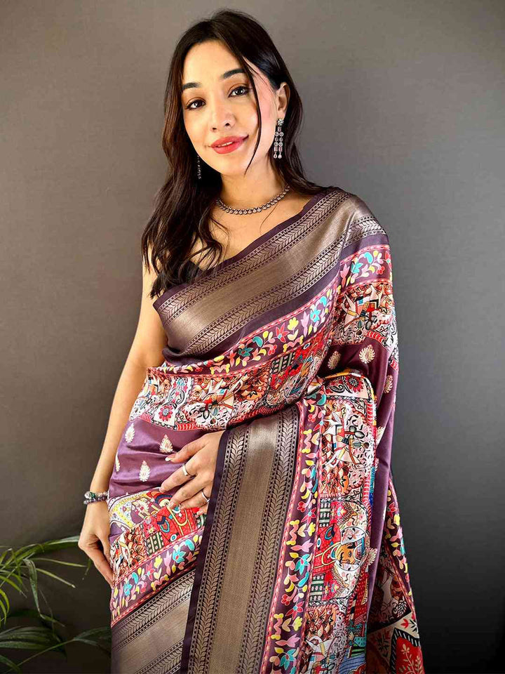 Brown Soft Silk Saree with Multicolor Traditional Patola Print & Zari Border