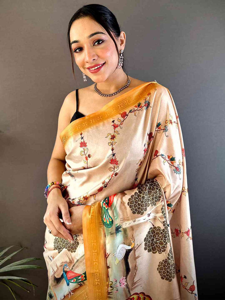 Peach Soft Silk Saree with Artistic Bird & Nature Print and Mustard Zari Border