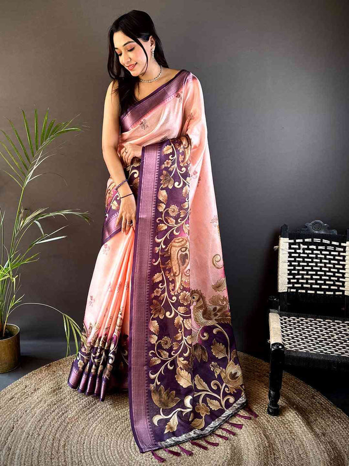 Peach & Purple Soft Silk Saree with Rich Woven Peacock Border
