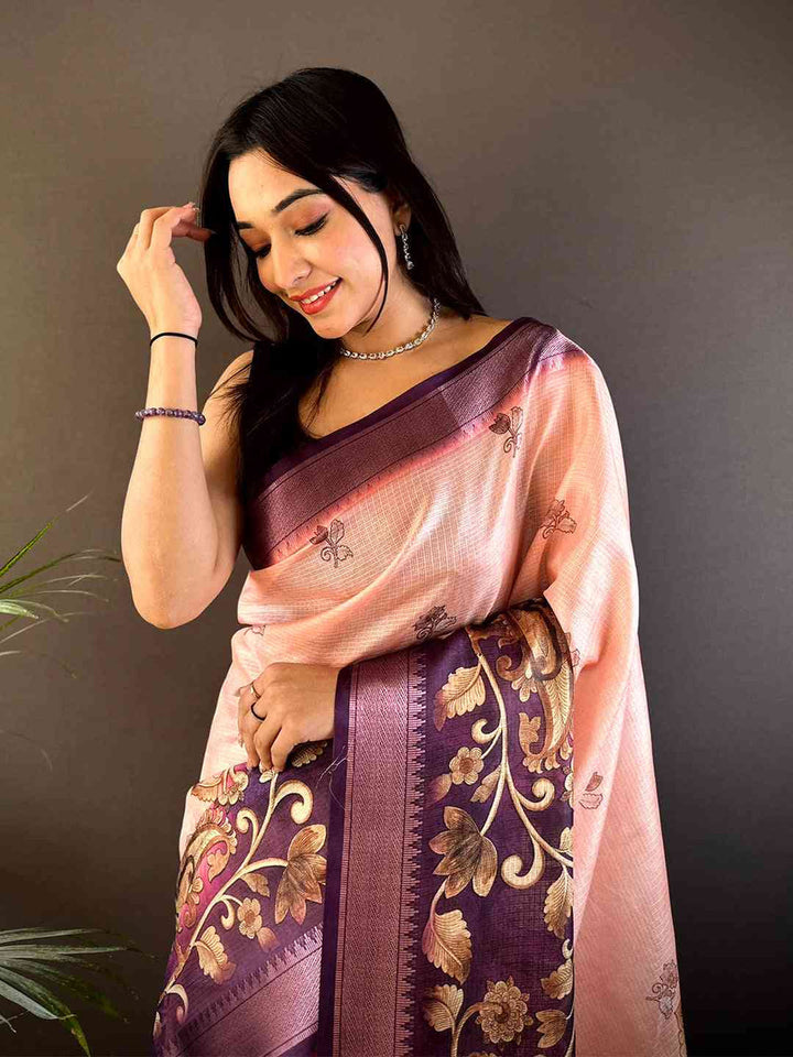 Peach & Purple Soft Silk Saree with Rich Woven Peacock Border