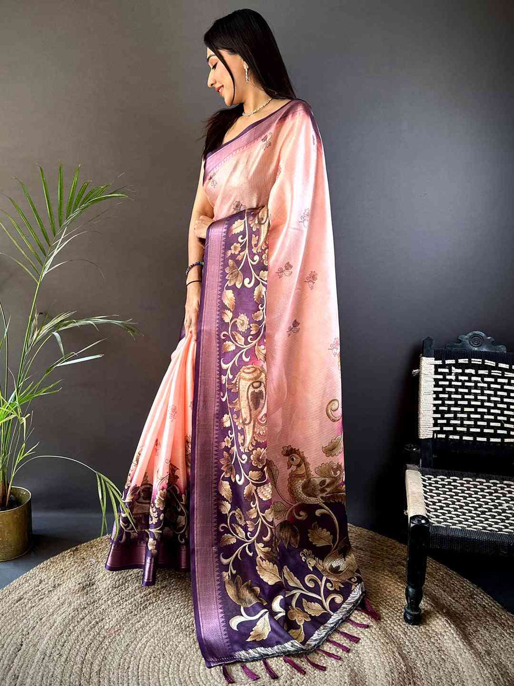 Peach & Purple Soft Silk Saree with Rich Woven Peacock Border