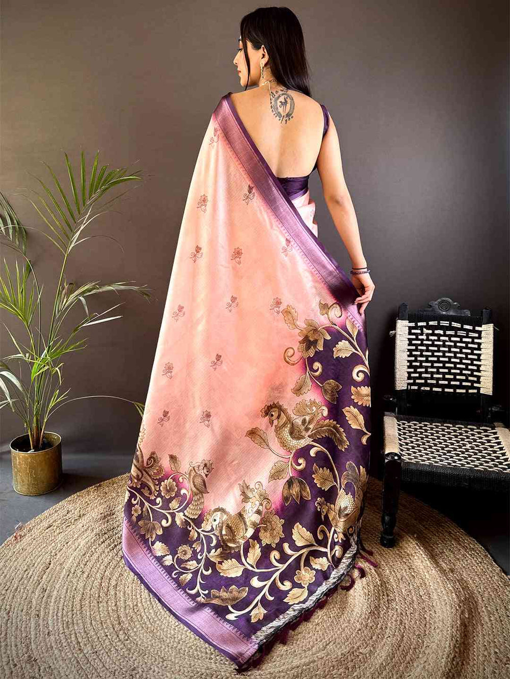 Peach & Purple Soft Silk Saree with Rich Woven Peacock Border