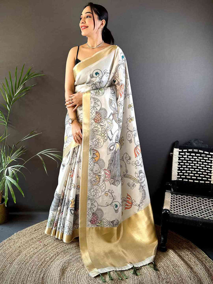White Soft Silk Saree with Elegant Hand Sketch Style Print & Gold Zari Border