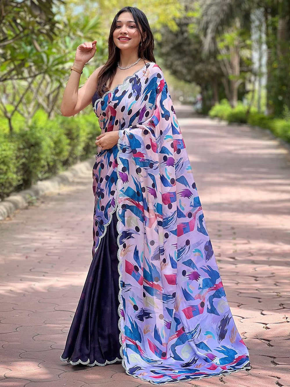 Multicolor Printed Georgette Saree with Scallop Border & Navy Blue Contrast Skirt Style Drape