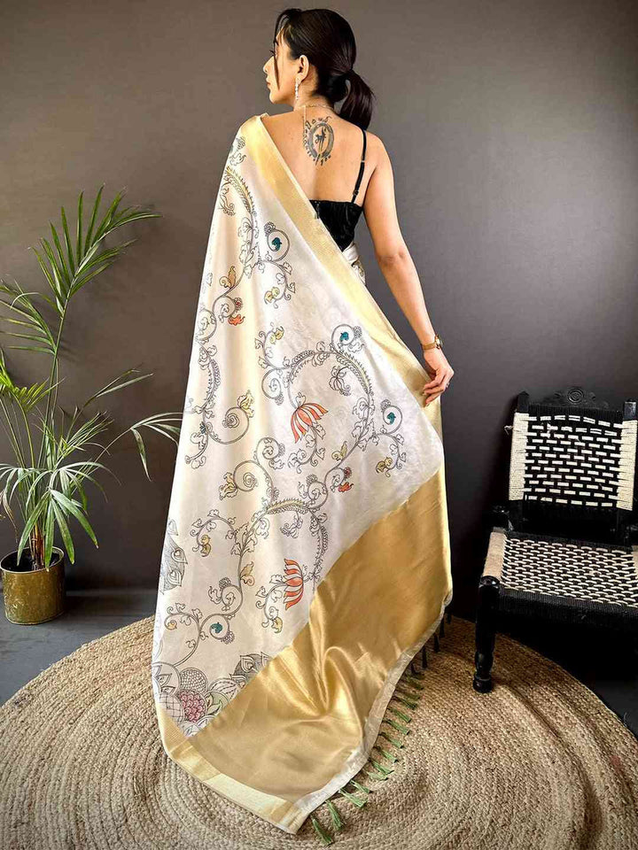 White Soft Silk Saree with Elegant Hand Sketch Style Print & Gold Zari Border