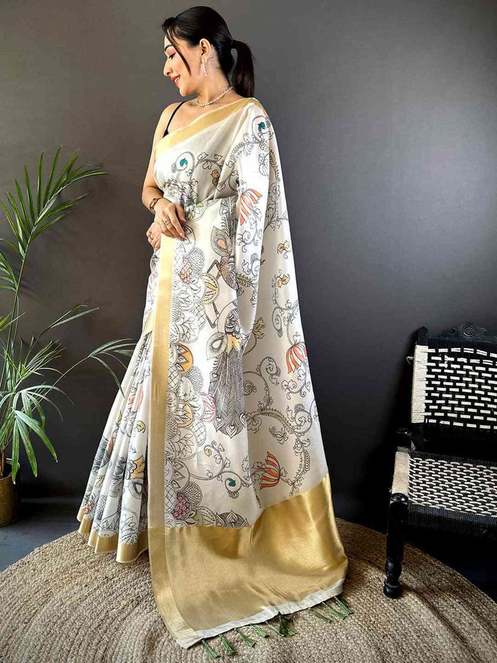 White Soft Silk Saree with Elegant Hand Sketch Style Print & Gold Zari Border