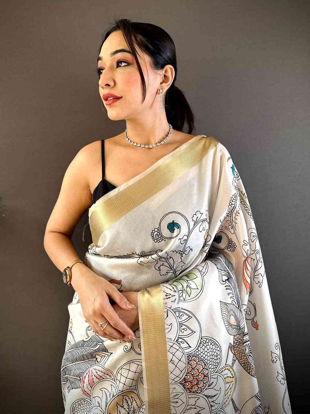 White Soft Silk Saree with Elegant Hand Sketch Style Print & Gold Zari Border