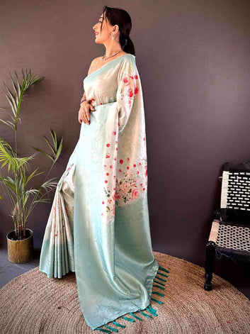 Mint Green Soft Silk Saree with Floral Print & Woven Jacquard Detailing
