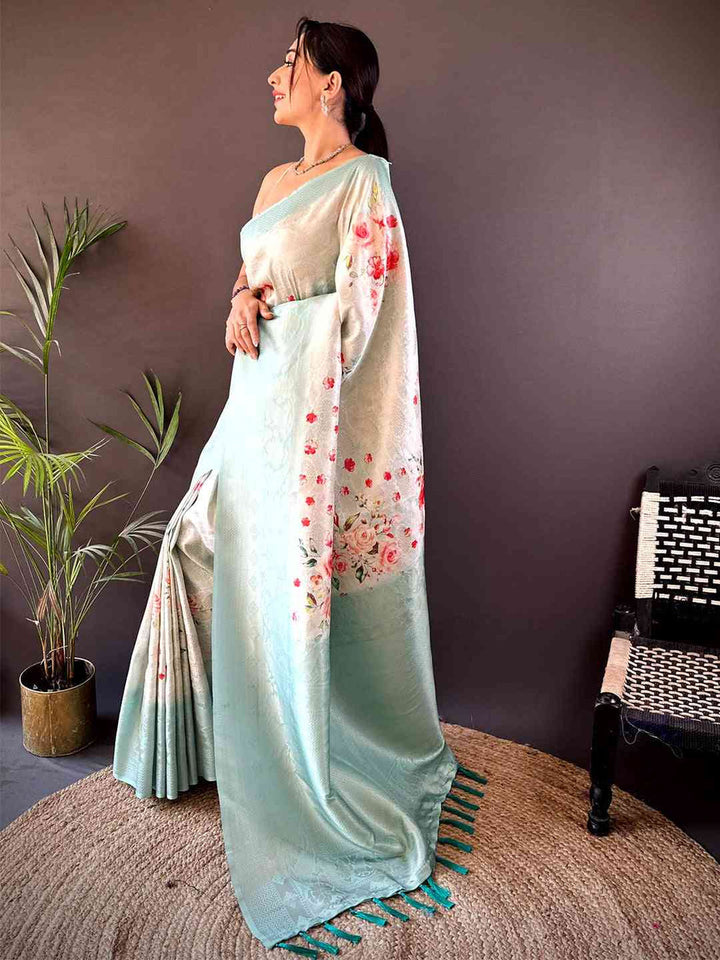 Mint Green Soft Silk Saree with Floral Print & Woven Jacquard Detailing