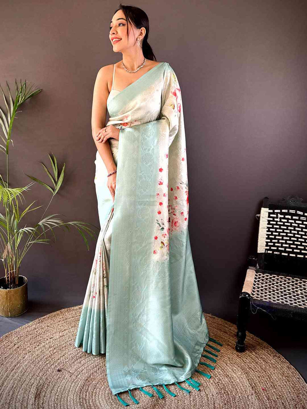 Mint Green Soft Silk Saree with Floral Print & Woven Jacquard Detailing