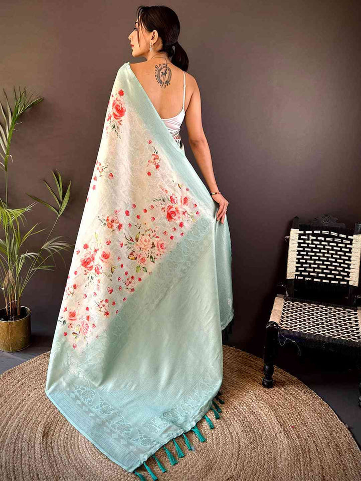 Mint Green Soft Silk Saree with Floral Print & Woven Jacquard Detailing