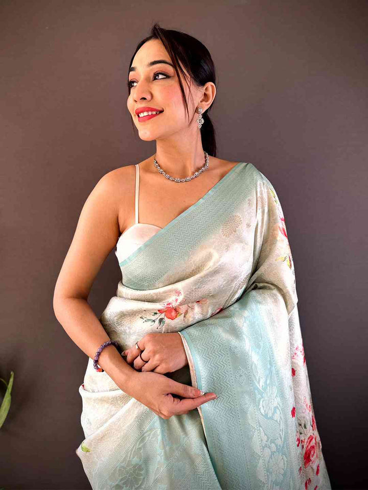 Mint Green Soft Silk Saree with Floral Print & Woven Jacquard Detailing