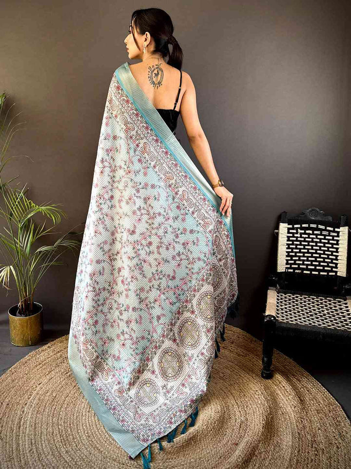 Mint Green Soft Silk Saree with Intricate Kalamkari Print & Tassel Pallu