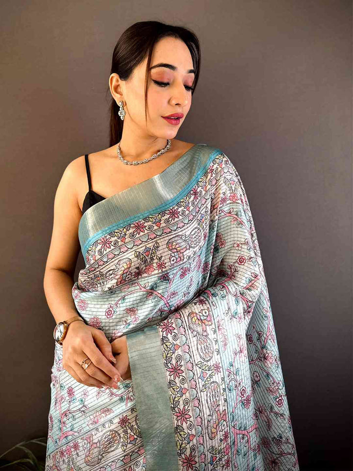 Mint Green Soft Silk Saree with Intricate Kalamkari Print & Tassel Pallu