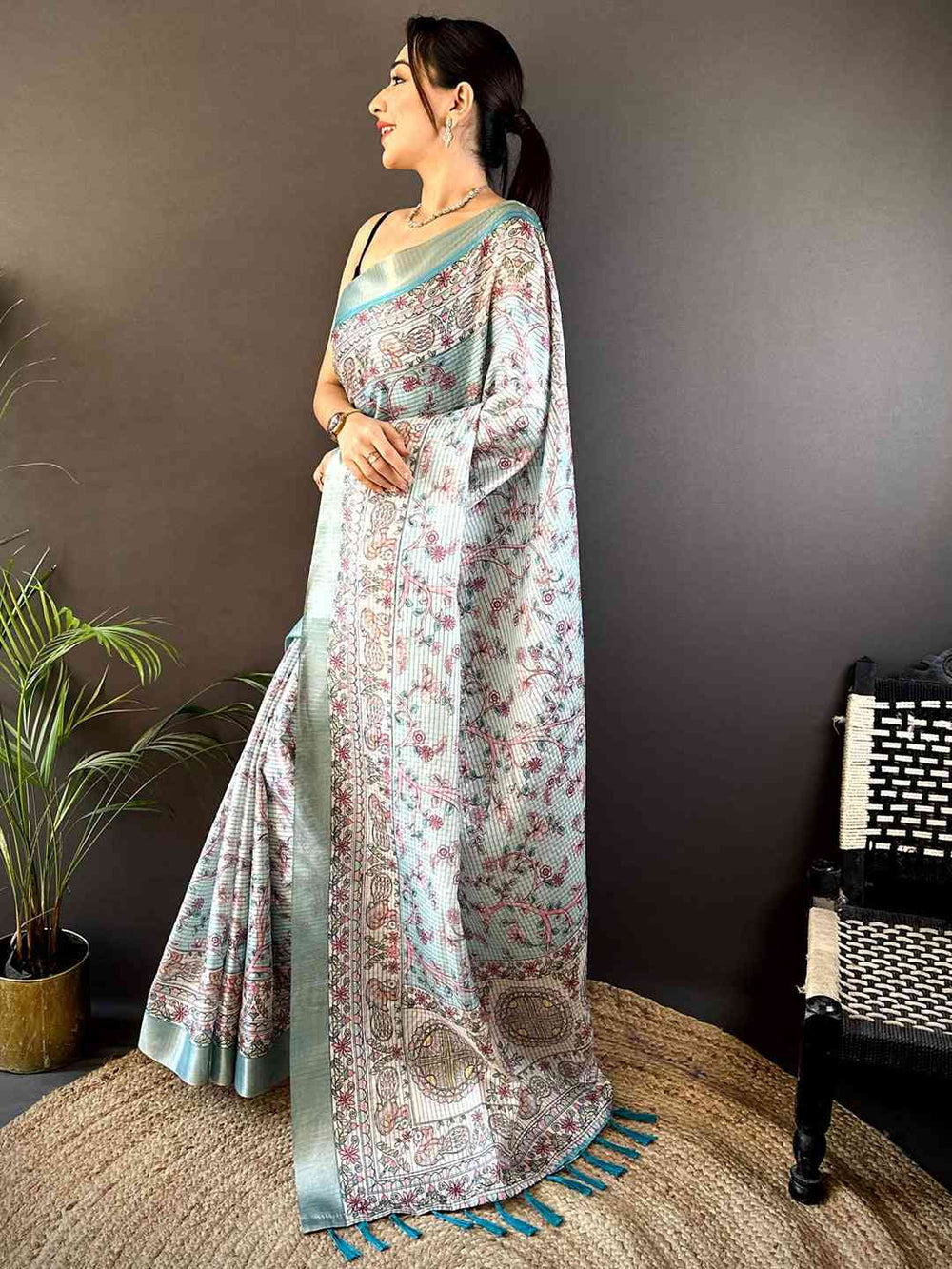 Mint Green Soft Silk Saree with Intricate Kalamkari Print & Tassel Pallu