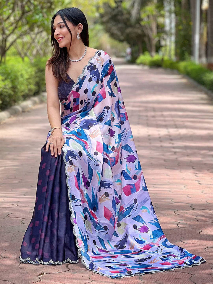 Multicolor Printed Georgette Saree with Scallop Border & Navy Blue Contrast Skirt Style Drape