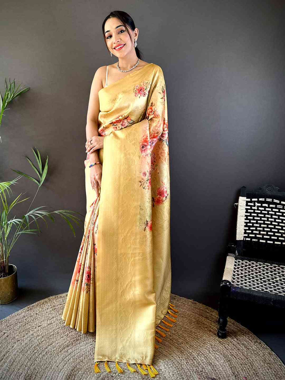 Pastel Yellow Soft Silk Saree with Subtle Floral Print & Elegant Tassel Pallu