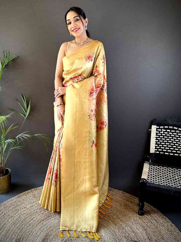 Pastel Yellow Soft Silk Saree with Subtle Floral Print & Elegant Tassel Pallu